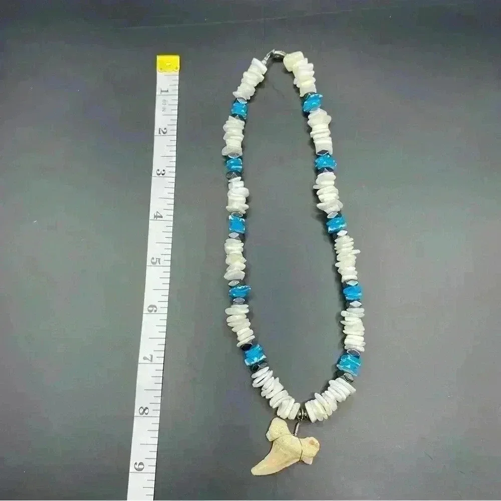 VGT White & Neon Blue Chip Shell Beads Necklace Shark Tooth Pendant
